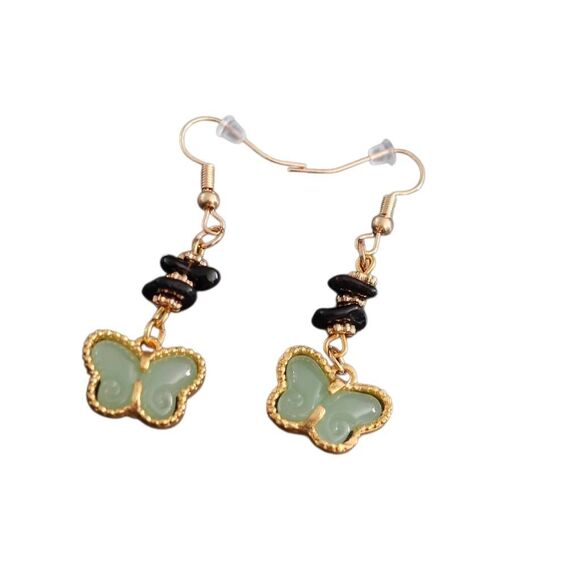 Faux Jade Butterfly Stone Dangle Earrings - Picture 1 of 4